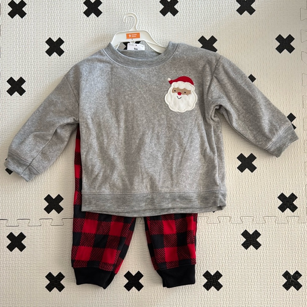 Carter’s 2pc Santa Fleece red and black buffalo checkered set size 9m
